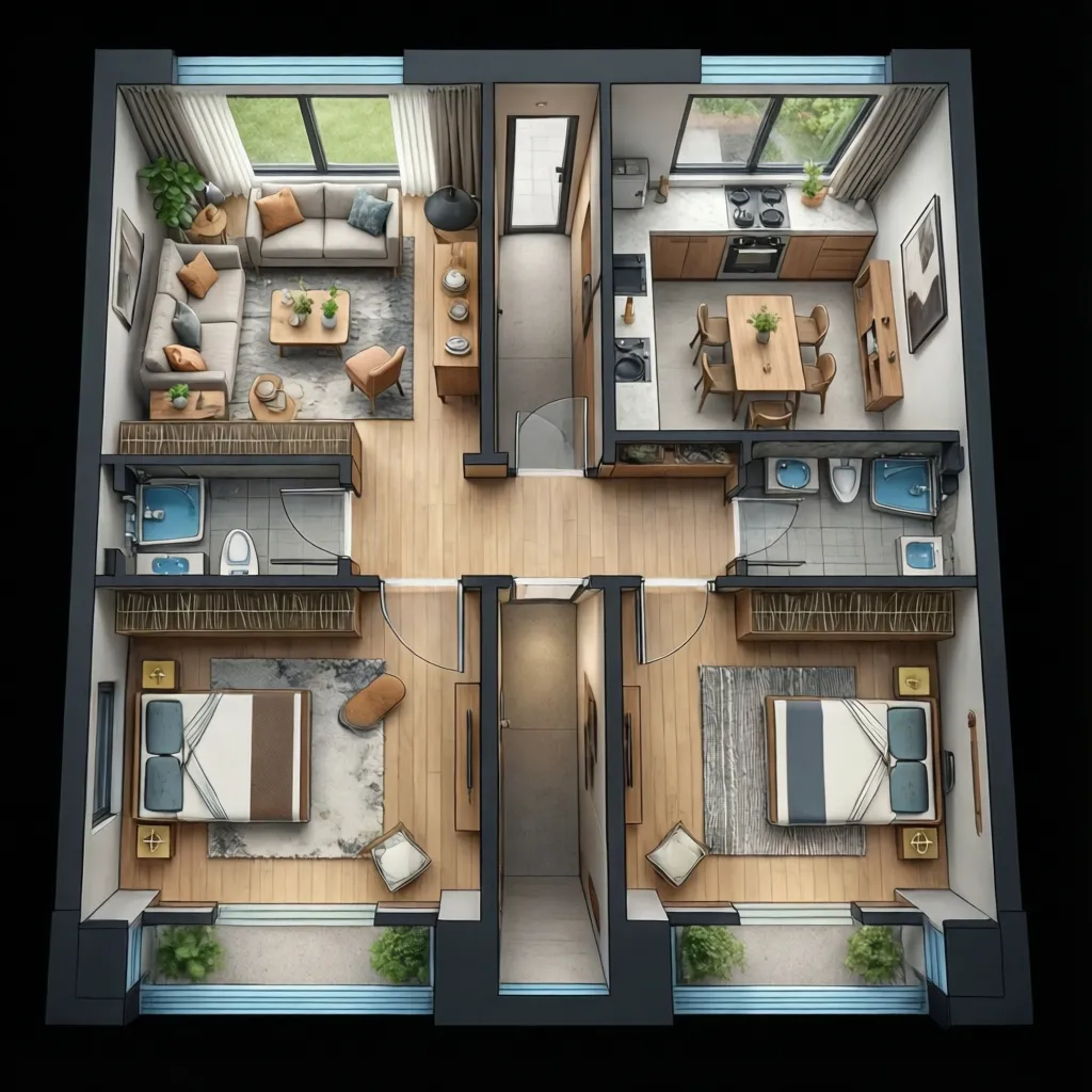 Interior design drawing showing a house with living room kitchen dining area and two bedrooms