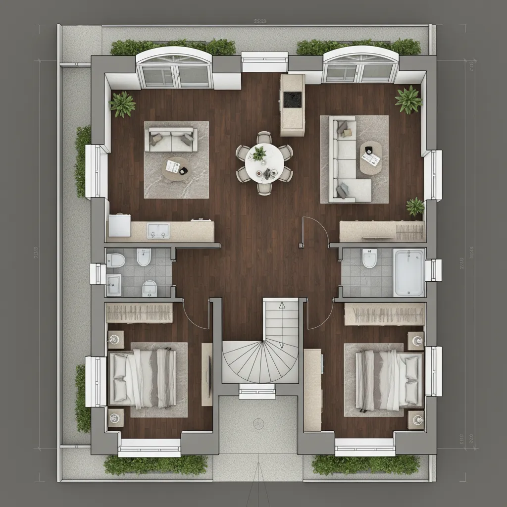 Detailed interior design drawing showing a two bedroom apartment with wood floors and spiral stairs