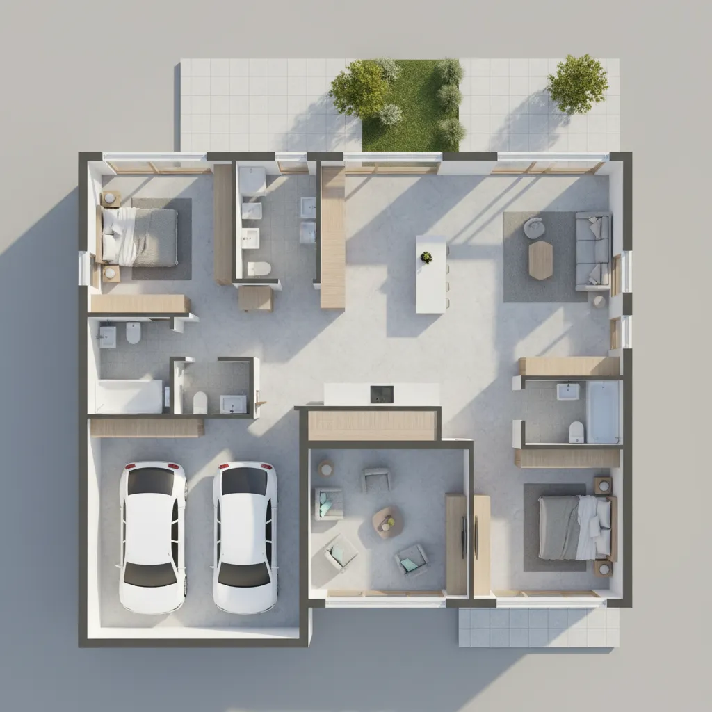 Denah Rumah dengan Garasi 2 Mobil yang Fungsional