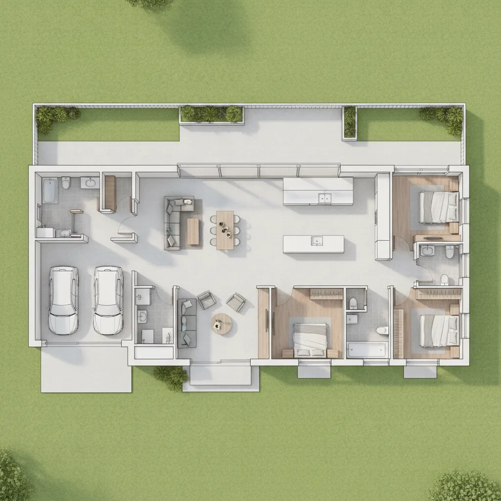 Modern home floor plan showing three bedrooms living room kitchen dining and a double garage
