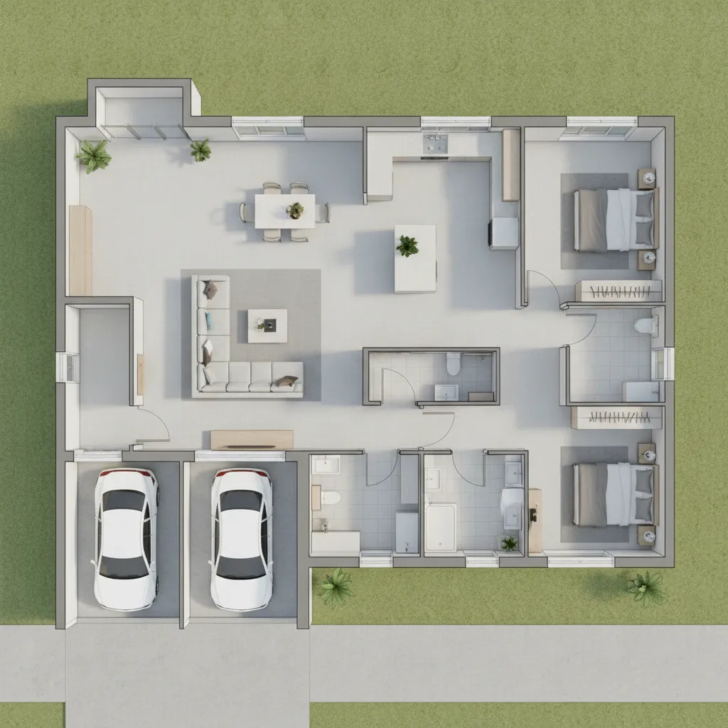 3D house floor plan with double car garage two bedrooms living room and open kitchen