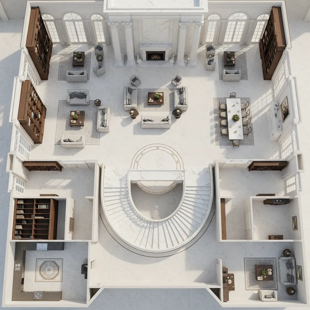 Luxury interior design drawing showing grand marble room with curved stairs fireplace and sitting areas