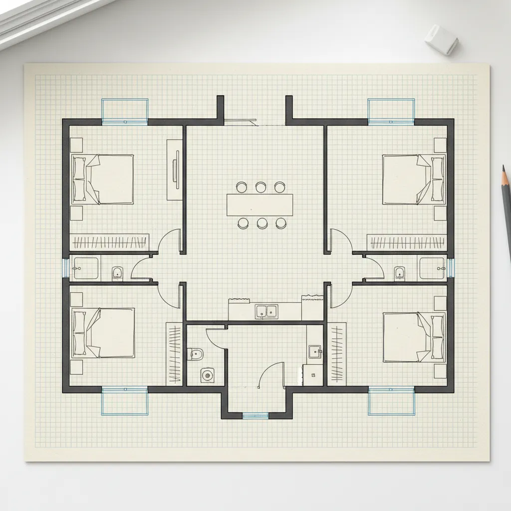 Denah rumah dengan grid untuk menjaga proporsi ukuran