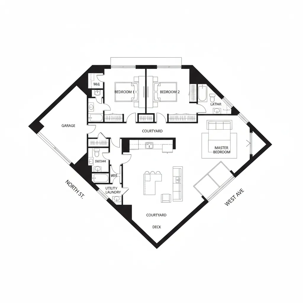 Denah rumah hook dengan dua akses jalan