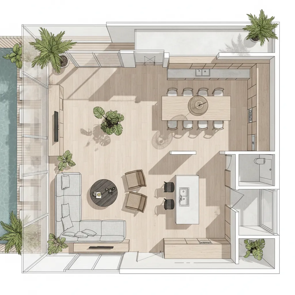 Top down interior design sketch of open living area with wooden floor kitchen and pool