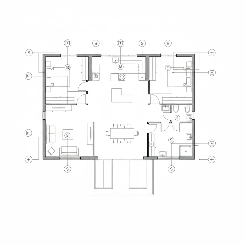 Black and white 2D floor plan showing room layout with electrical symbols and light switches