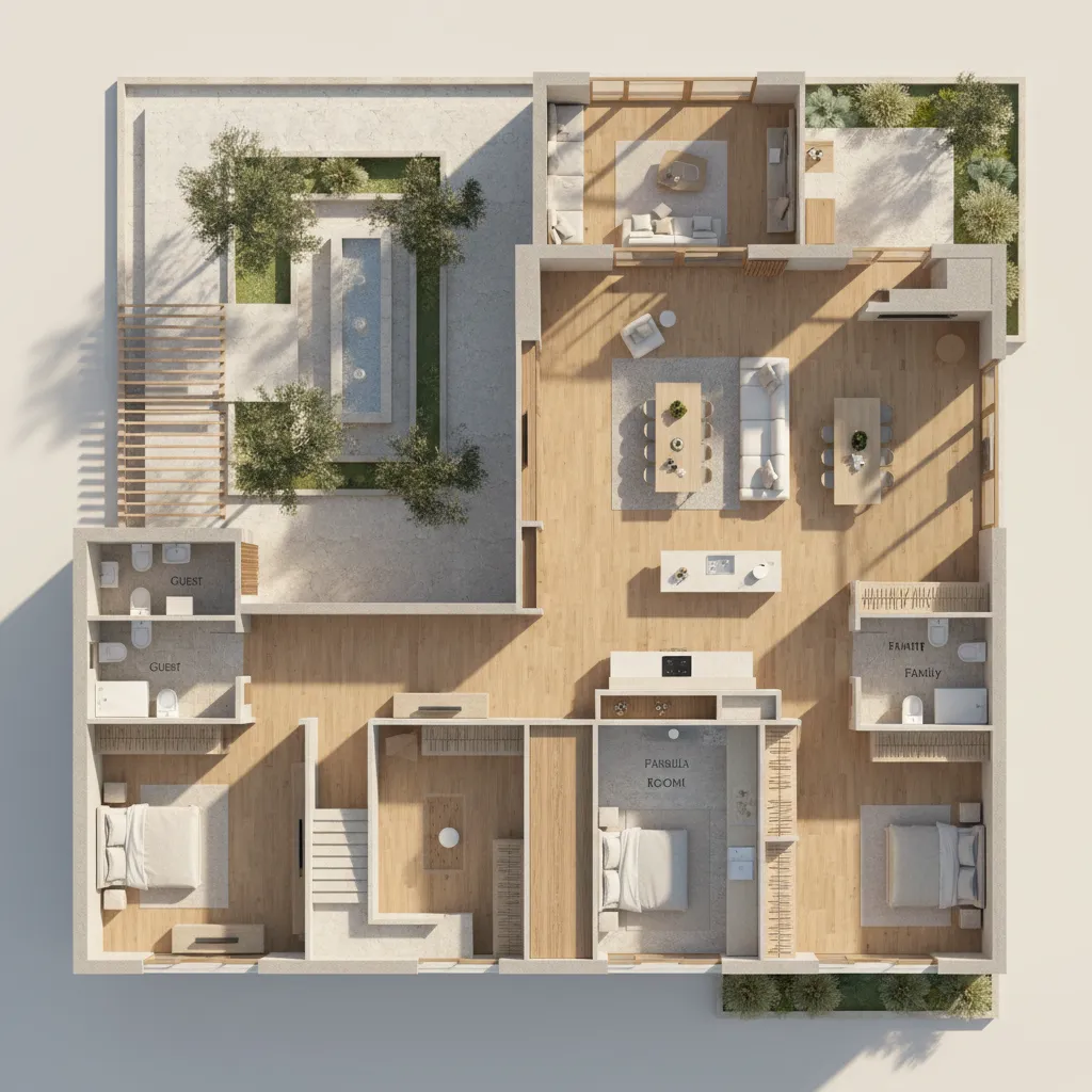 Aerial view interior design drawing showing a modern home with bedrooms living room and courtyard
