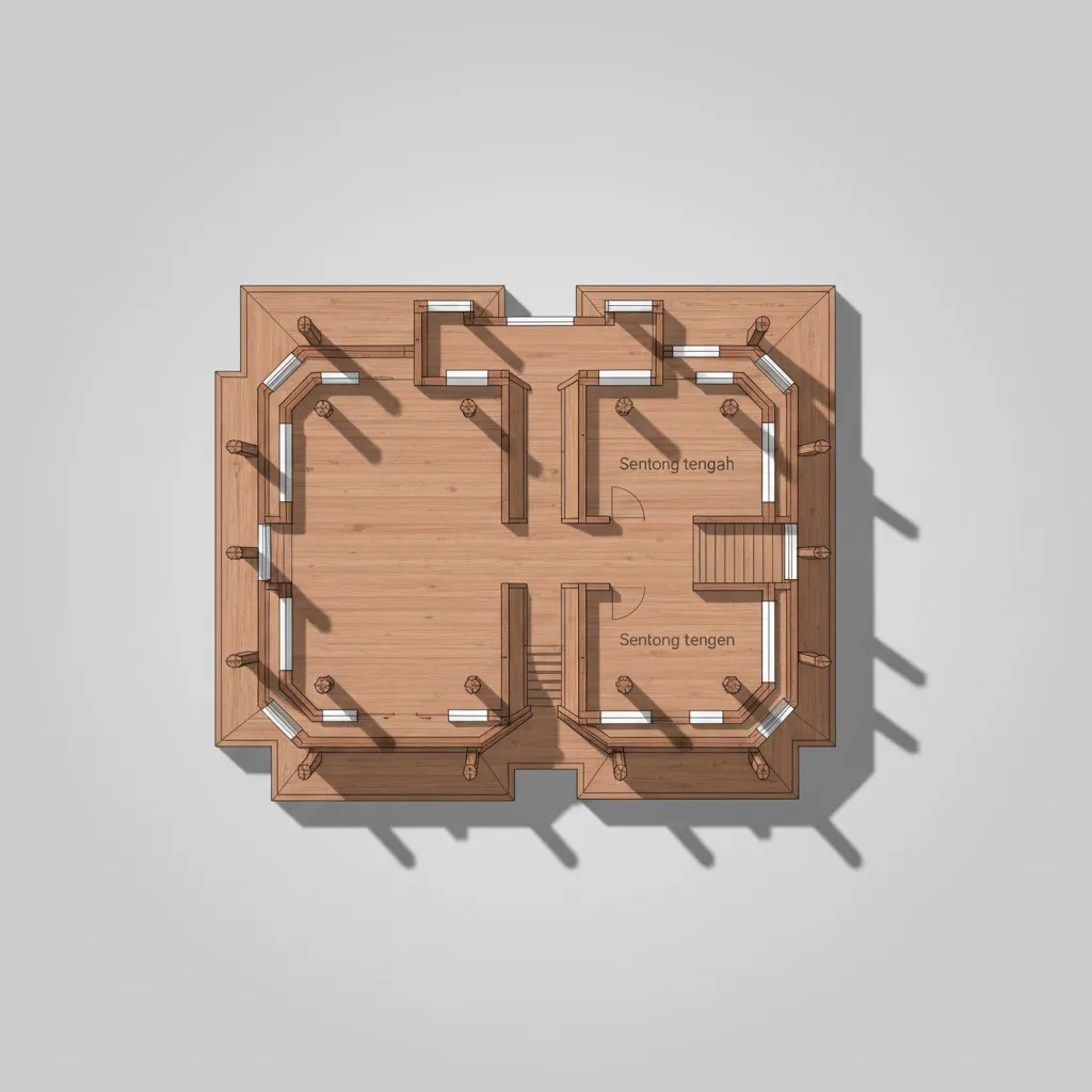 Interior design drawing showing a traditional wooden house floor plan layout with many support pillars