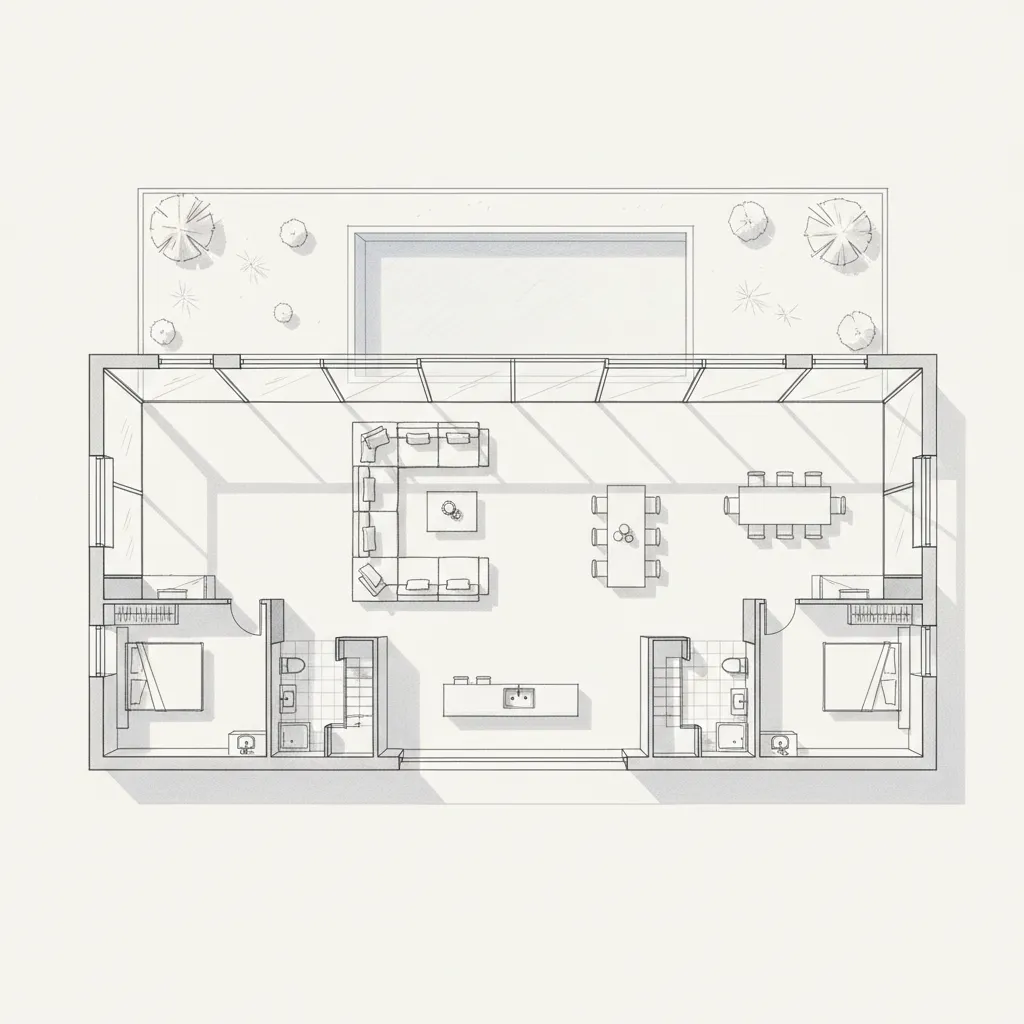 Denah rumah modern dengan area kaca besar menghadap taman