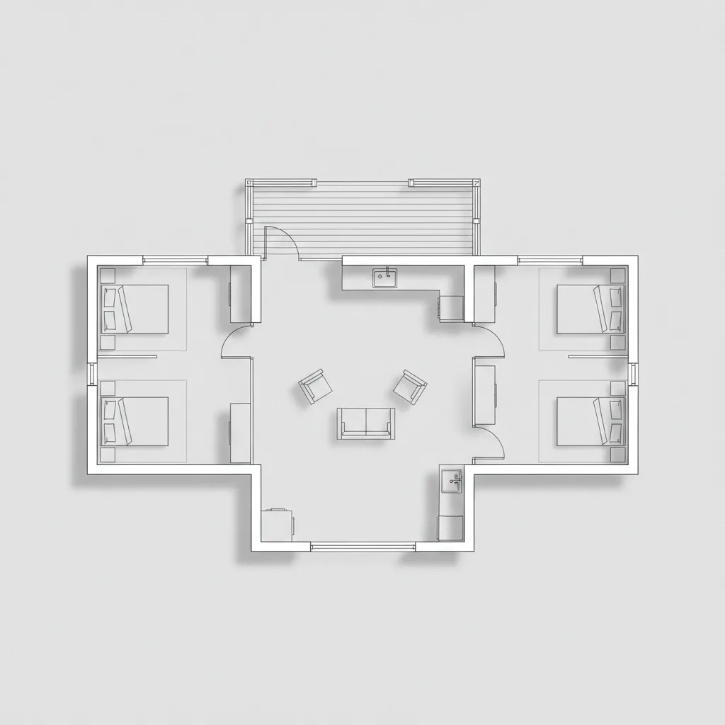 Contoh pola denah rumah kampung linear dengan ruang tengah