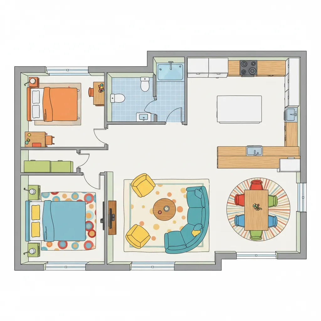 Denah rumah kartun dengan detail furnitur dan warna ruang