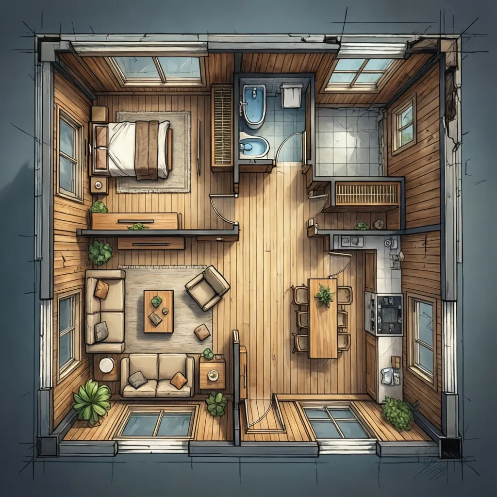 Ilustrasi denah rumah kayu ukuran 4x6 dengan satu kamar