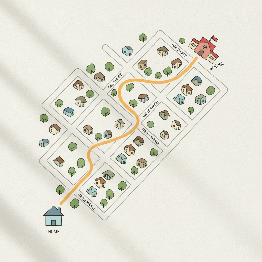 Map showing orange path from home to school along streets with many houses and green trees