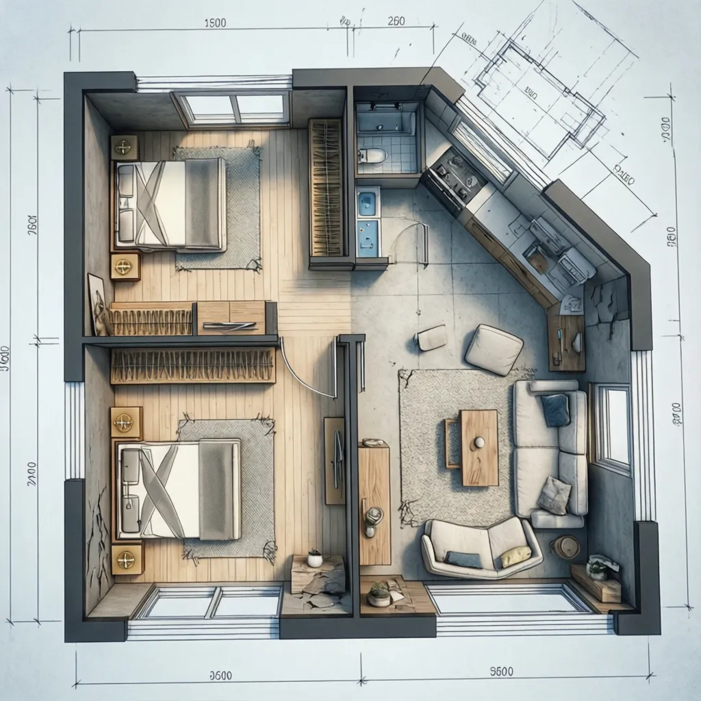 Interior design drawing showing small apartment layout with two bedrooms living area and wood floors
