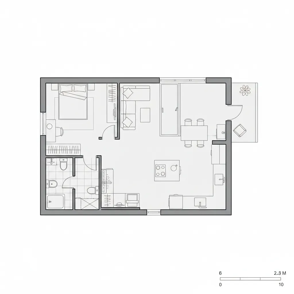 Interior design drawing of a small one bedroom apartment with living room kitchen and balcony