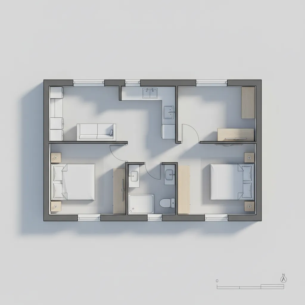 Clean two bedroom floor plan interior design drawing showing kitchen, living area, bathroom, and beds