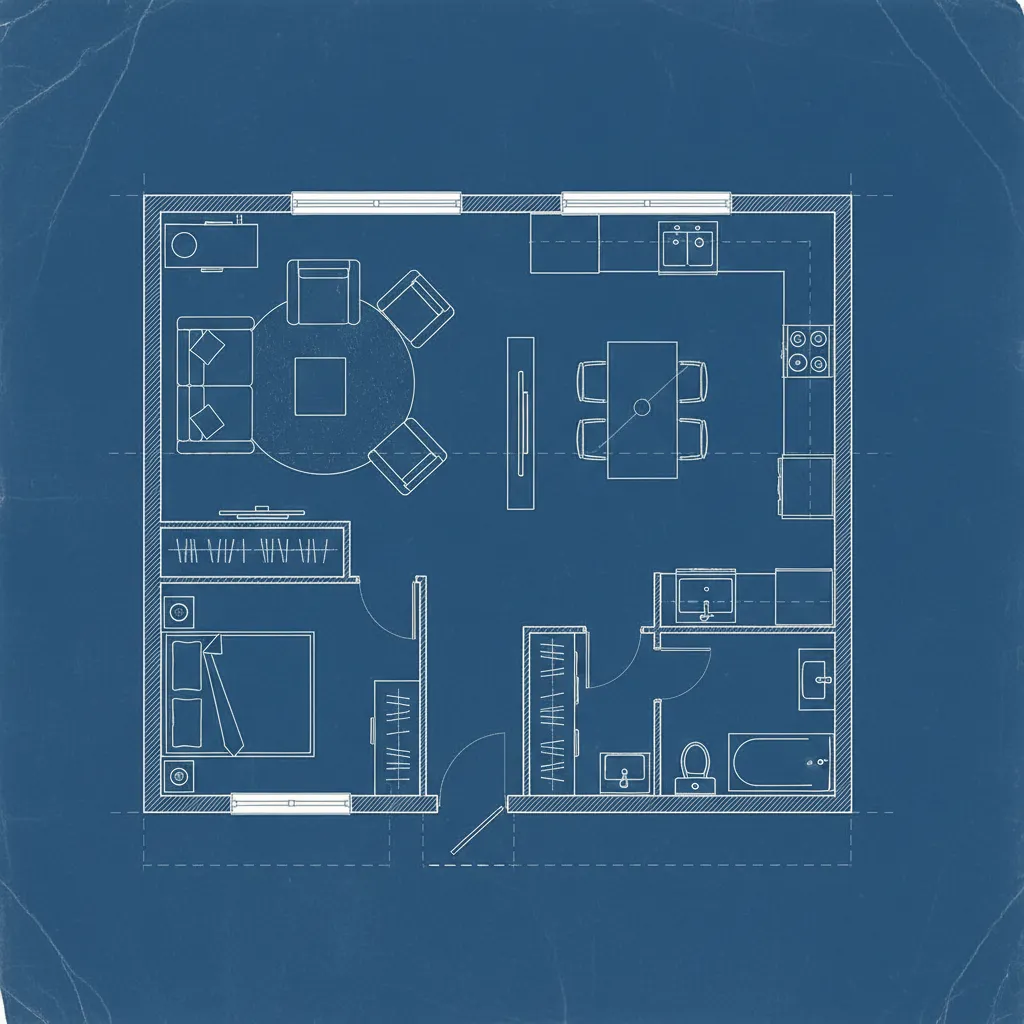 Blue interior design drawing of small apartment with bedroom kitchen bathroom sofa and dining table
