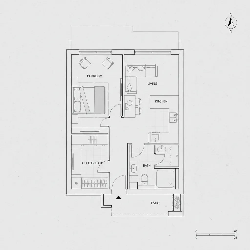 Coohom floor plan of an apartment with one bedroom office living room kitchen and patio
