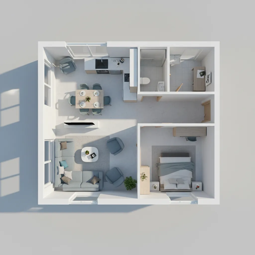 Visualisasi denah rumah kecil modern dengan satu kamar