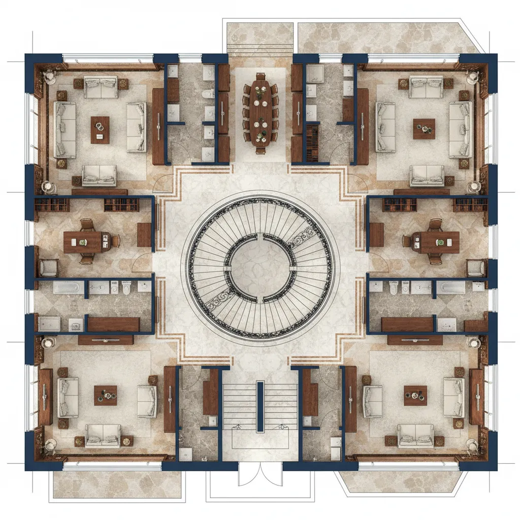 Detailed interior design drawing of luxury house layout featuring central circular stairs and many rooms