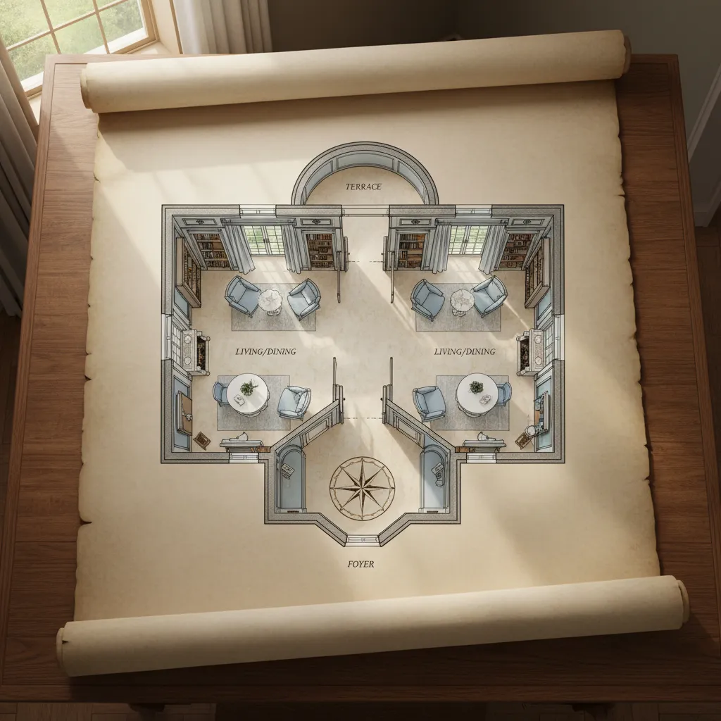 Vintage interior design drawing on a scroll showing a classical house layout with labeled rooms