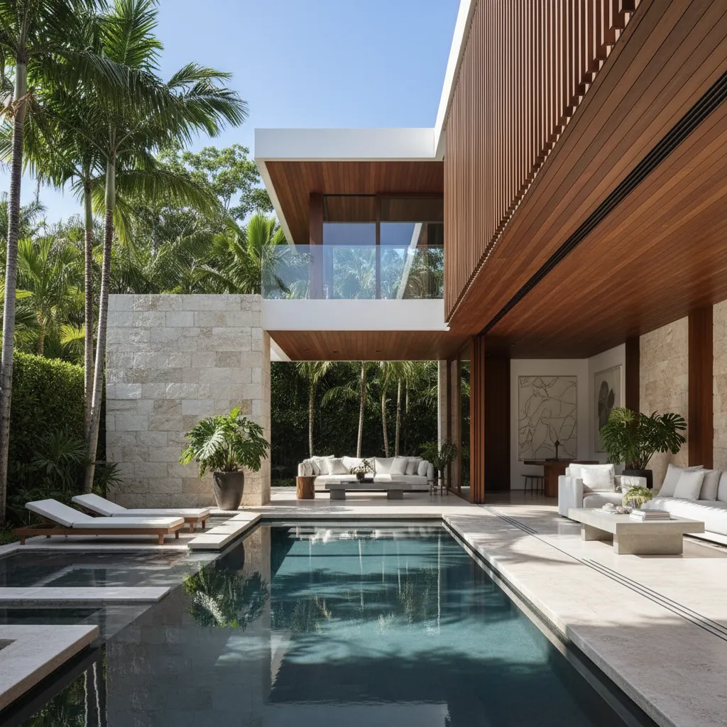 Modern house with a swimming pool stone walls white sofa and many tropical palm trees