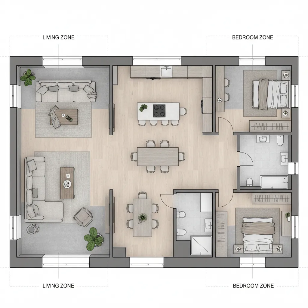 Top view house floor plan showing living rooms kitchen dining area and two bedroom zones