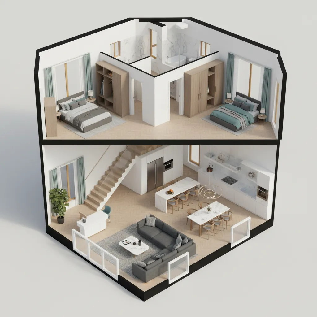 Visualisasi denah rumah kopel dalam tampilan 3D