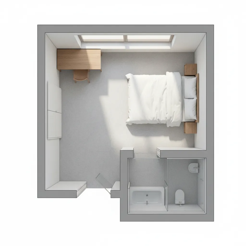 Interior design drawing of small room layout featuring bed, desk, chair, and private bathroom area