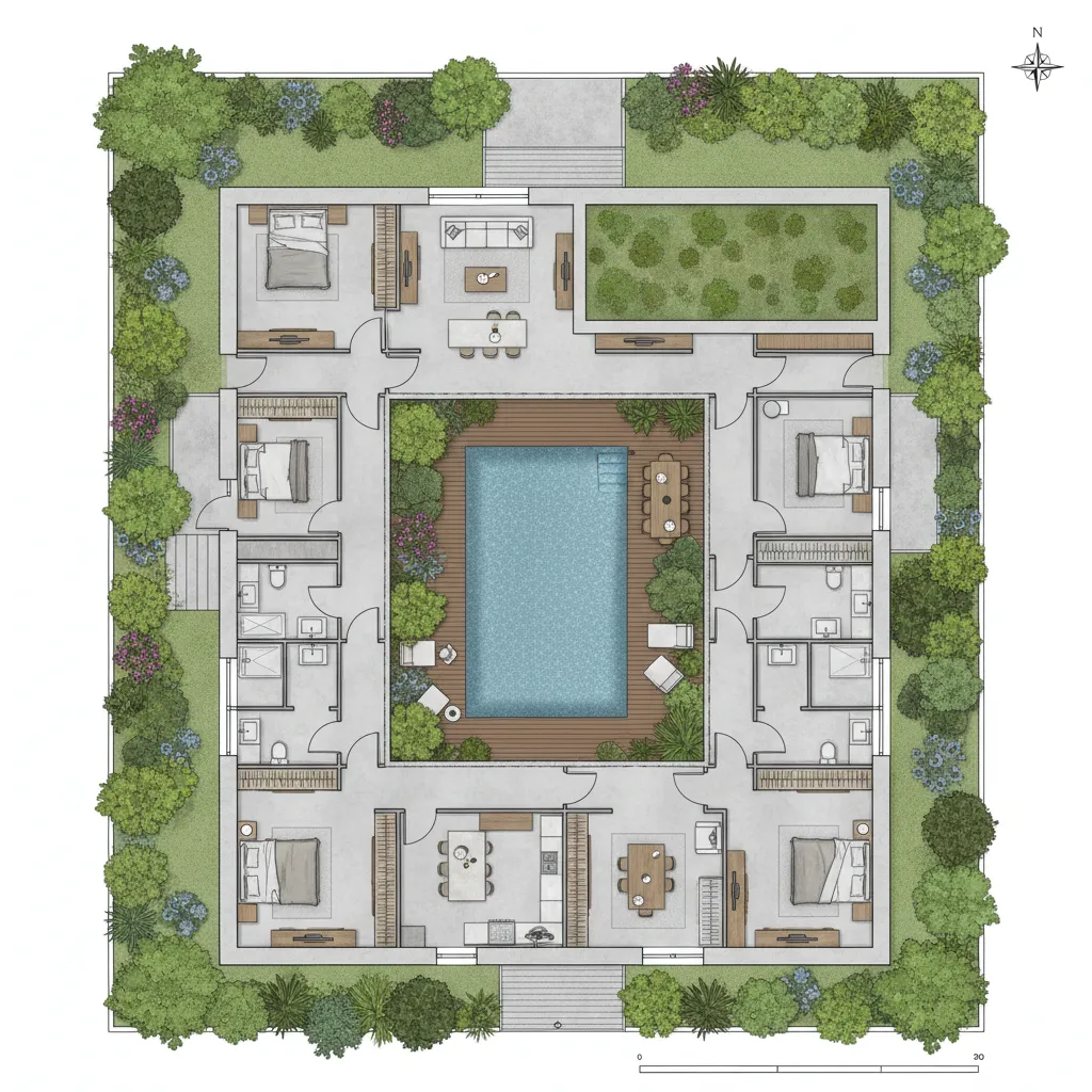 Denah rumah berbentuk L dengan kolam renang di tengah taman