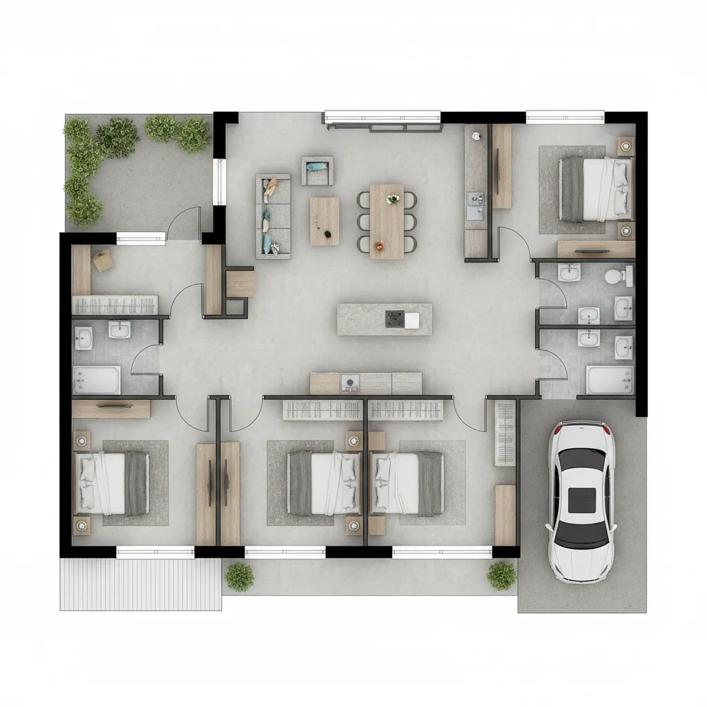 Coohom interior design drawing with four bedrooms open kitchen dining area and a white car