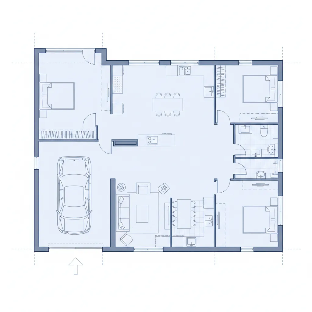 Denah rumah tiga kamar pada lahan 8x12 meter