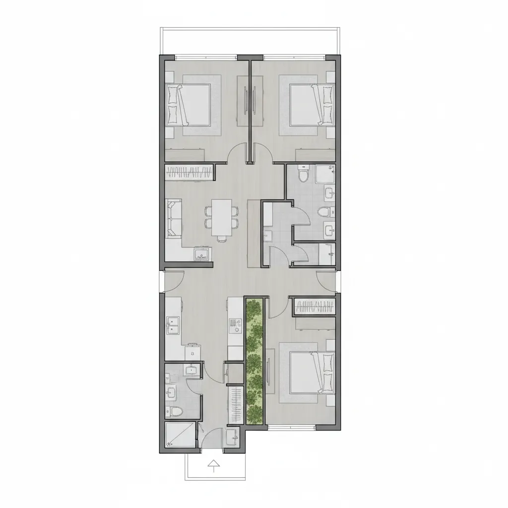 Interior design drawing of a narrow house with three bedrooms kitchen dining area and bathroom