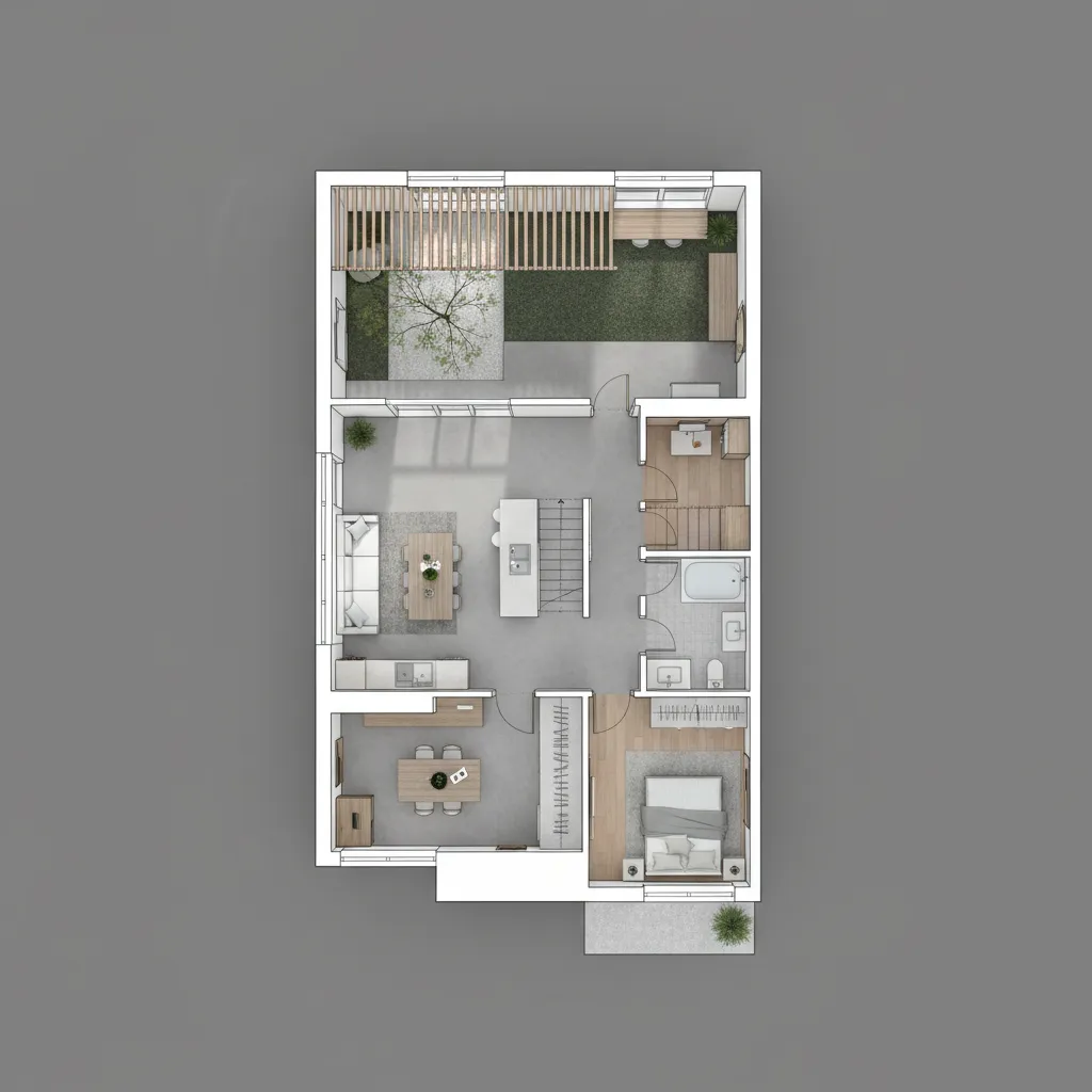 Modern house floor plan with living room kitchen bedroom bathroom and a small outdoor garden