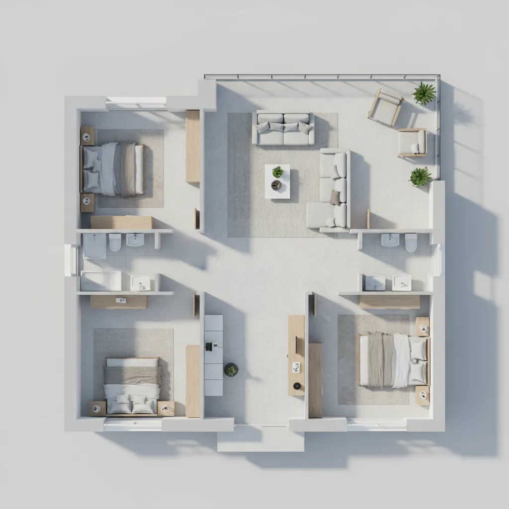 3D room layout showing three bedrooms living area balcony with green plants and wooden furniture