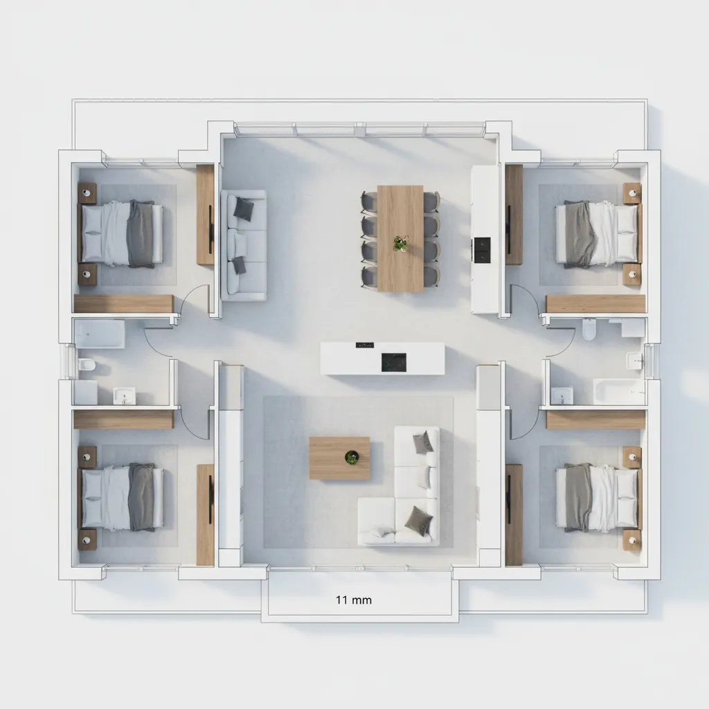 Top down interior design drawing of a modern four bedroom house with white furniture layout