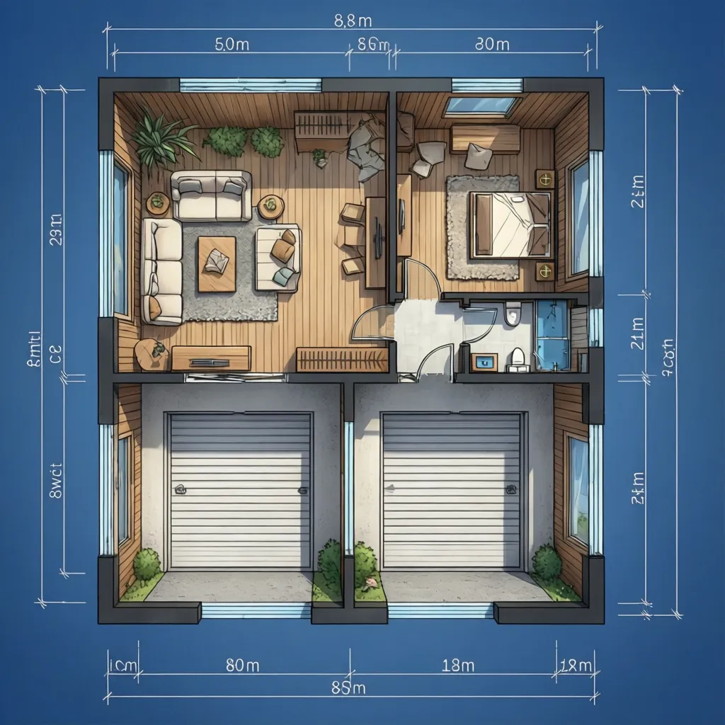 Contoh denah rumah lebar 8 meter dengan garasi dua mobil