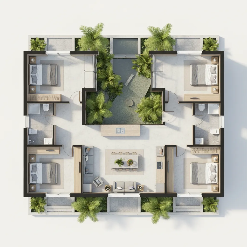 Interior design drawing of a house with four bedrooms and central garden with palm trees