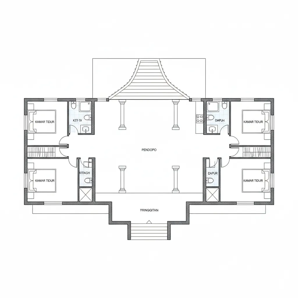 Contoh denah rumah limasan dengan ruang tengah dan kamar di sisi kanan kiri