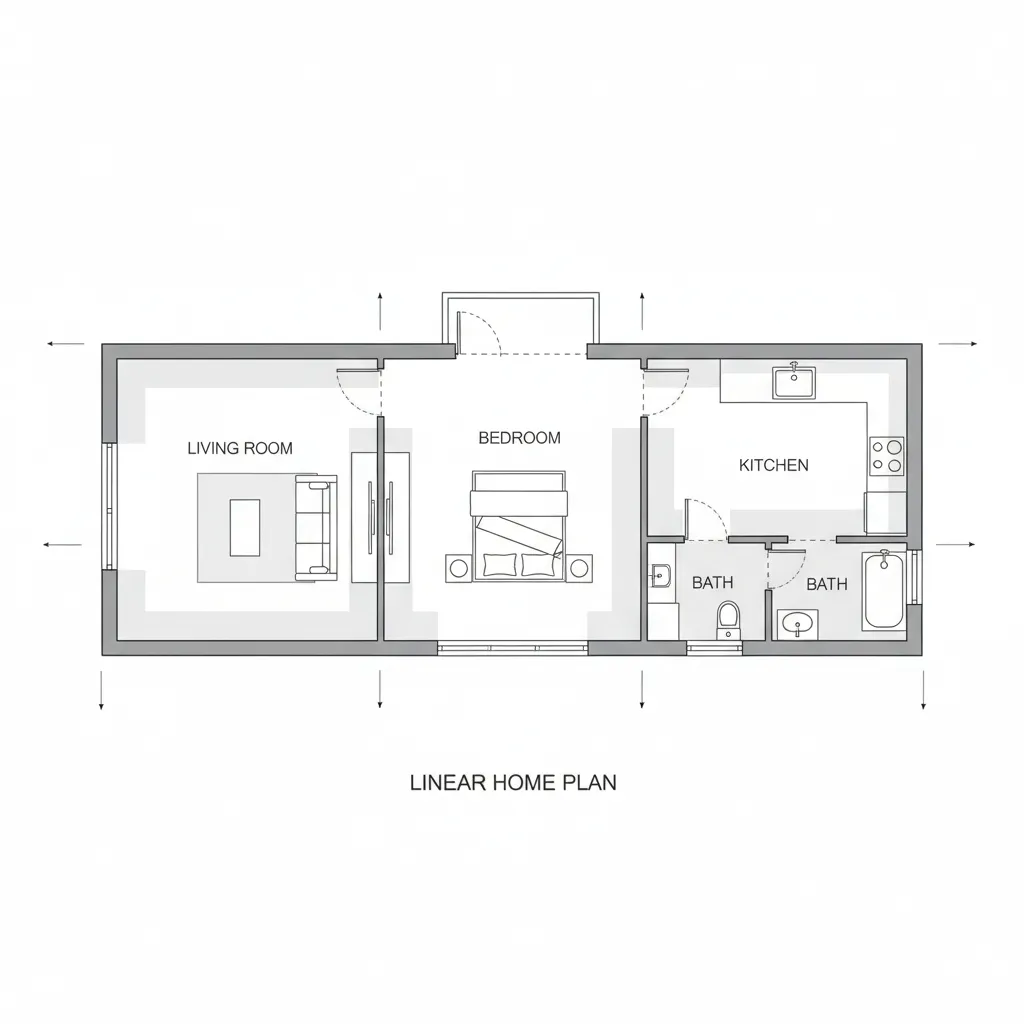 Denah rumah dengan layout linear tanpa koridor