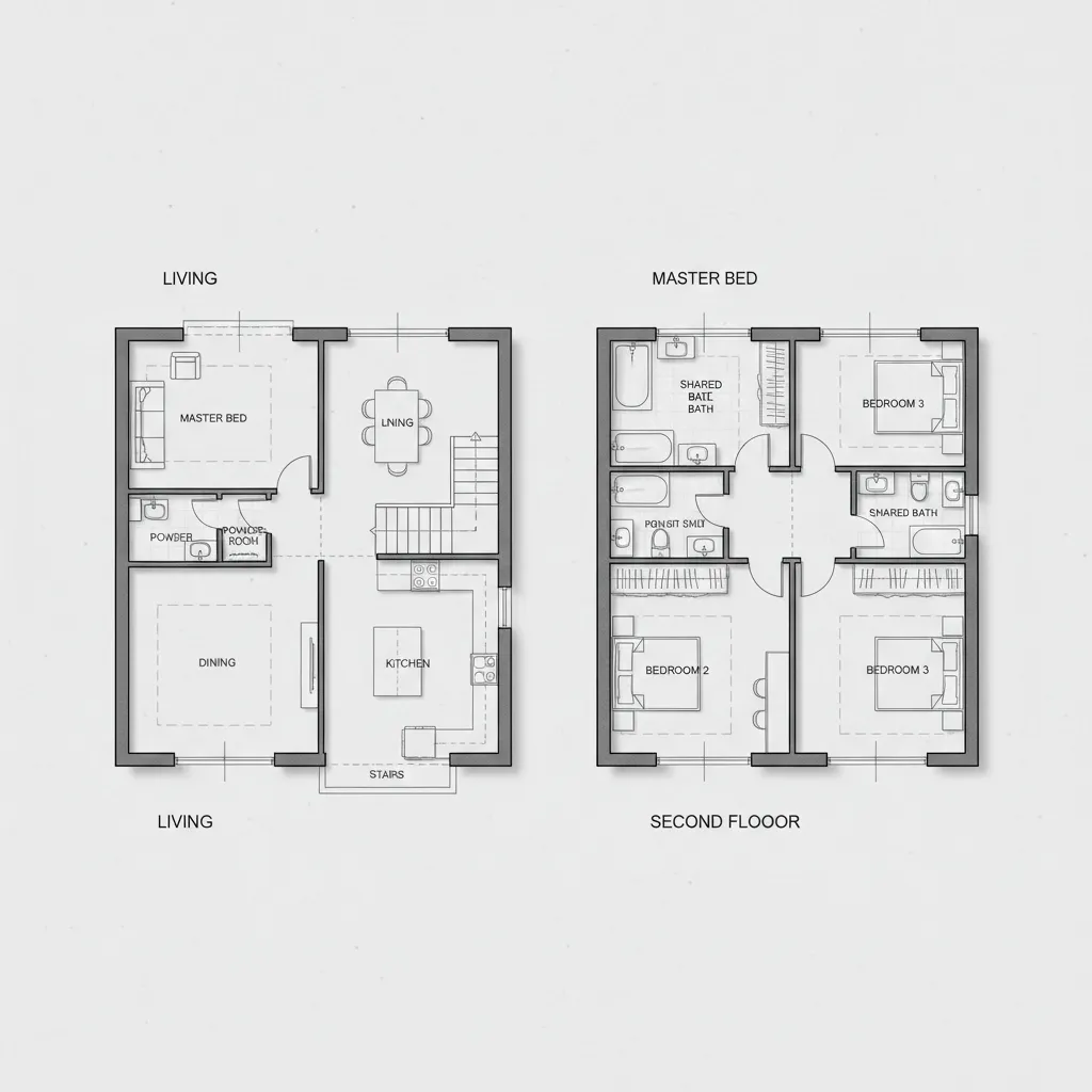 Denah rumah memanjang dua lantai dengan pembagian zona ruang