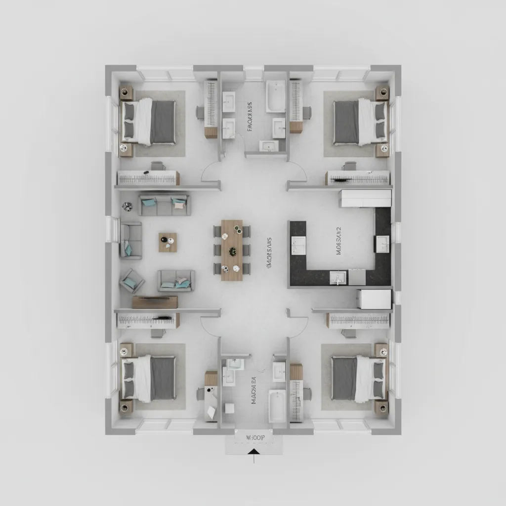 3D interior design drawing showing four bedrooms two bathrooms living room dining area and kitchen