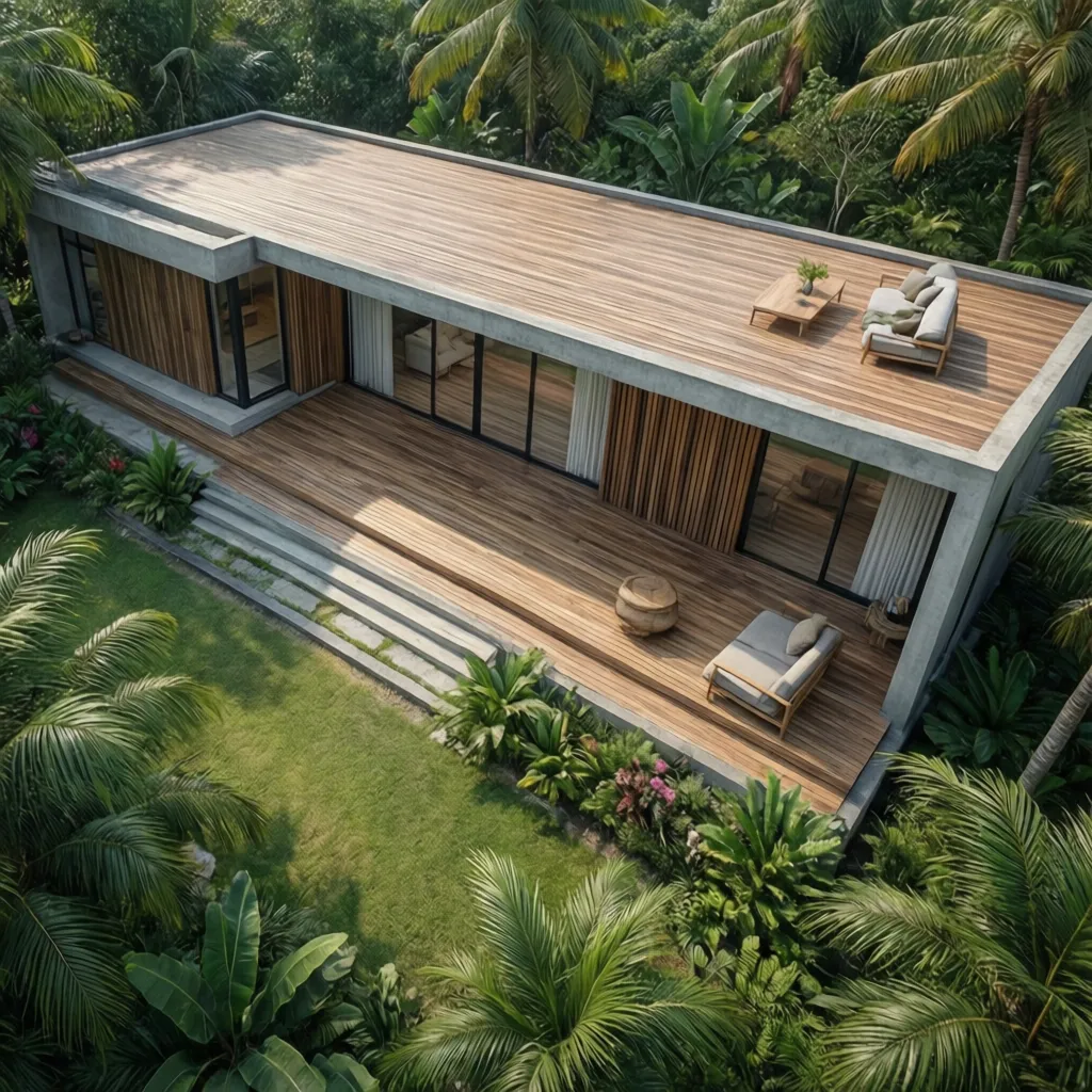 Interior design drawing showing modern house with wood deck sofa and green palm trees outside