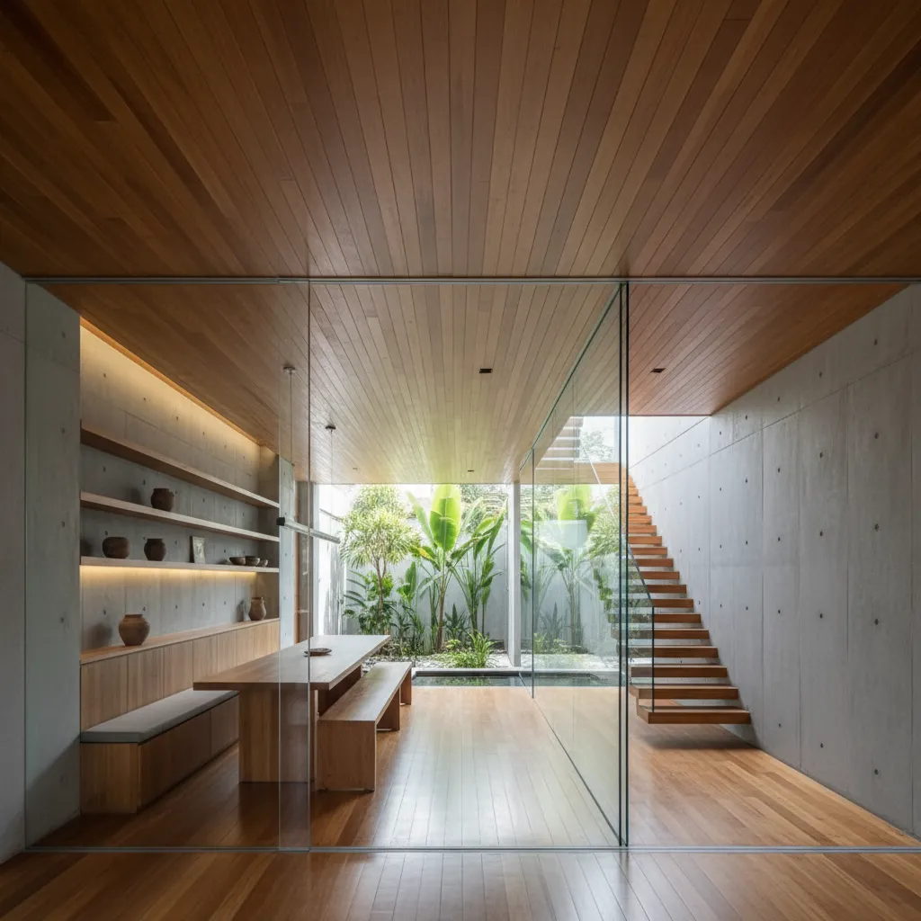 Minimalist dining room with wooden table bench concrete walls wooden ceiling stairs and glass wall