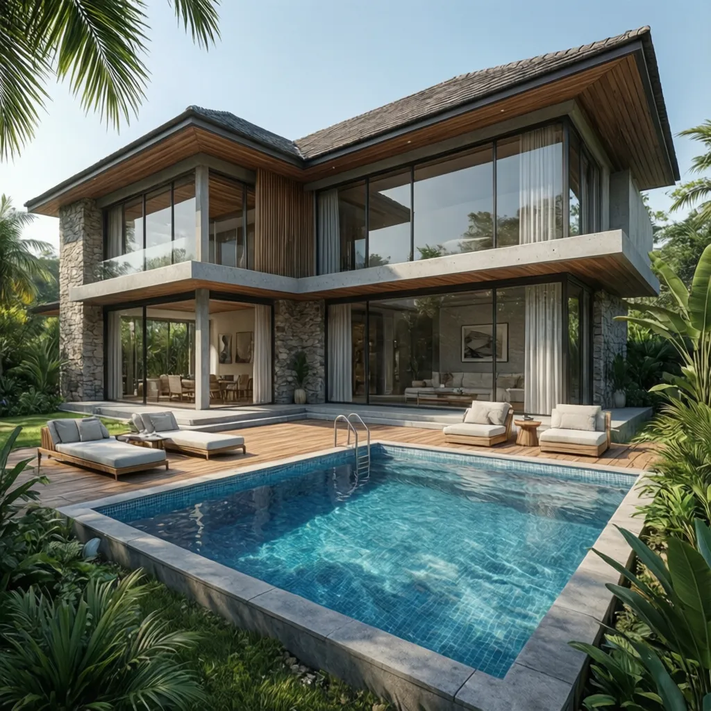 Modern two story tropical house with swimming pool wooden deck sun loungers and green plants