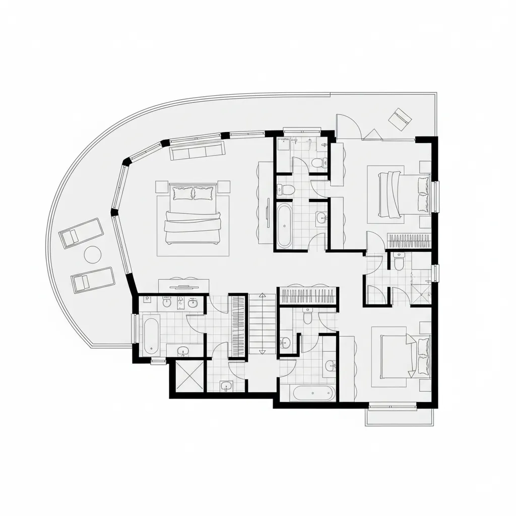 Denah rumah mewah dua lantai dengan balkon besar