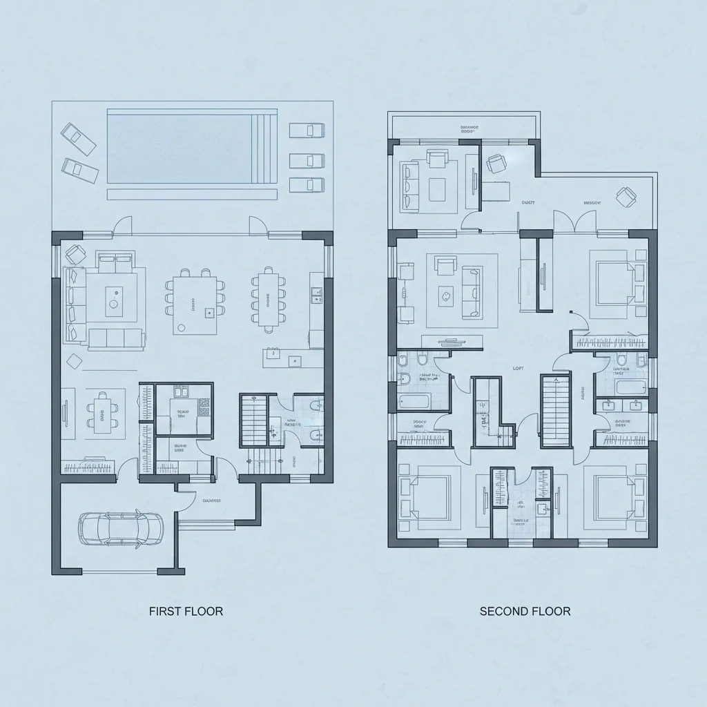 Blue floor plan showing two levels of a house including pool garage and room layout