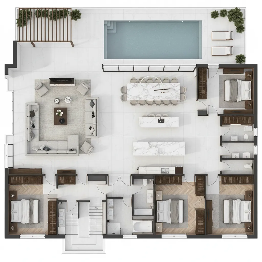 Top down interior design drawing showing four bedrooms, kitchen, living room, and outdoor swimming pool