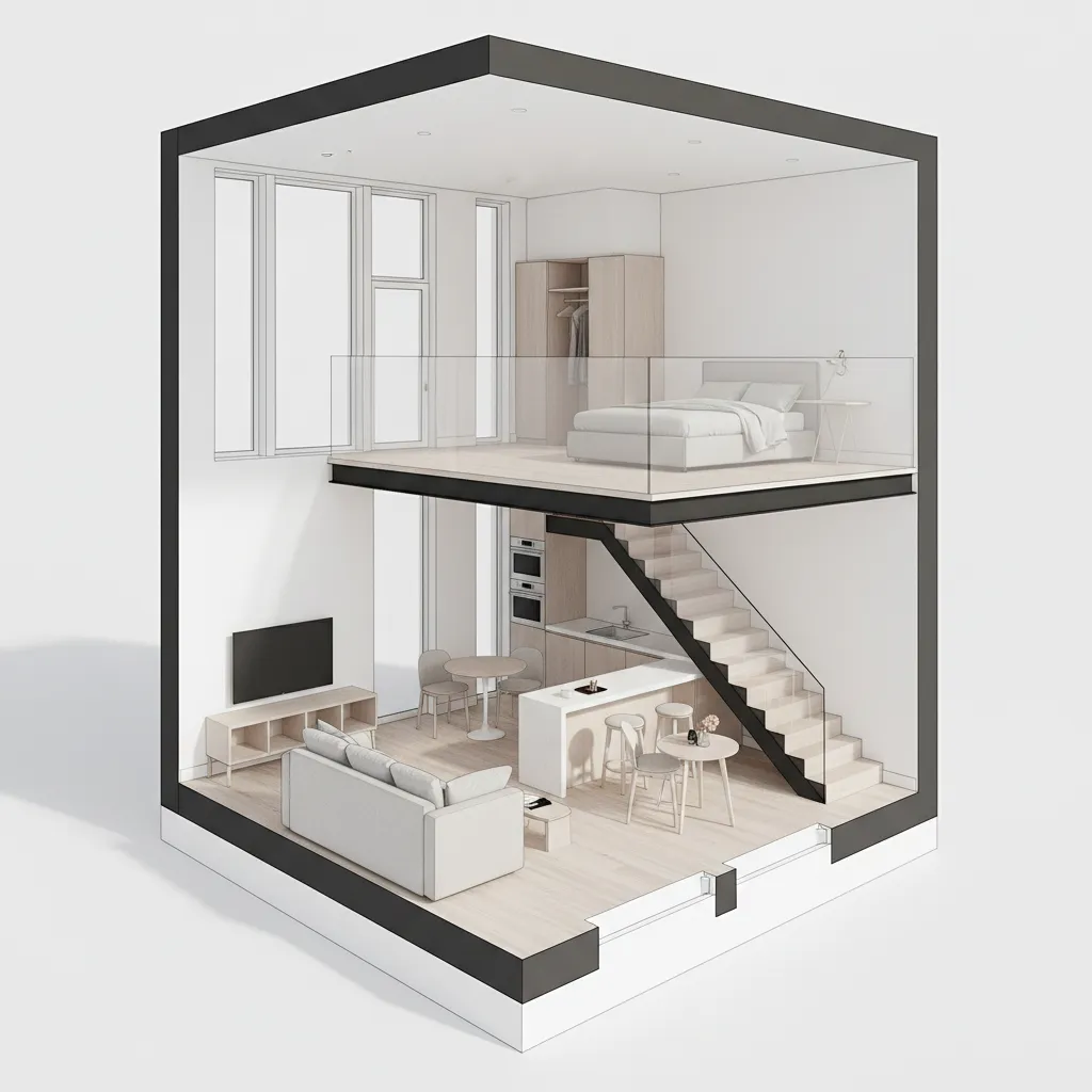 Interior design drawing of studio apartment with living area kitchen and stairs to mezzanine bedroom