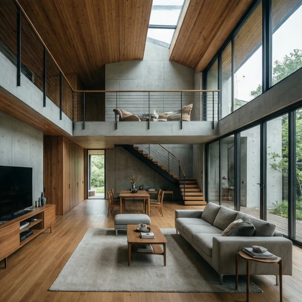 Modern living room with wooden ceiling grey sofa large windows concrete walls and a loft